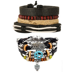 Leather Handmade Hamsa Peace Charm Strand Wrist Band Bracelet Combo