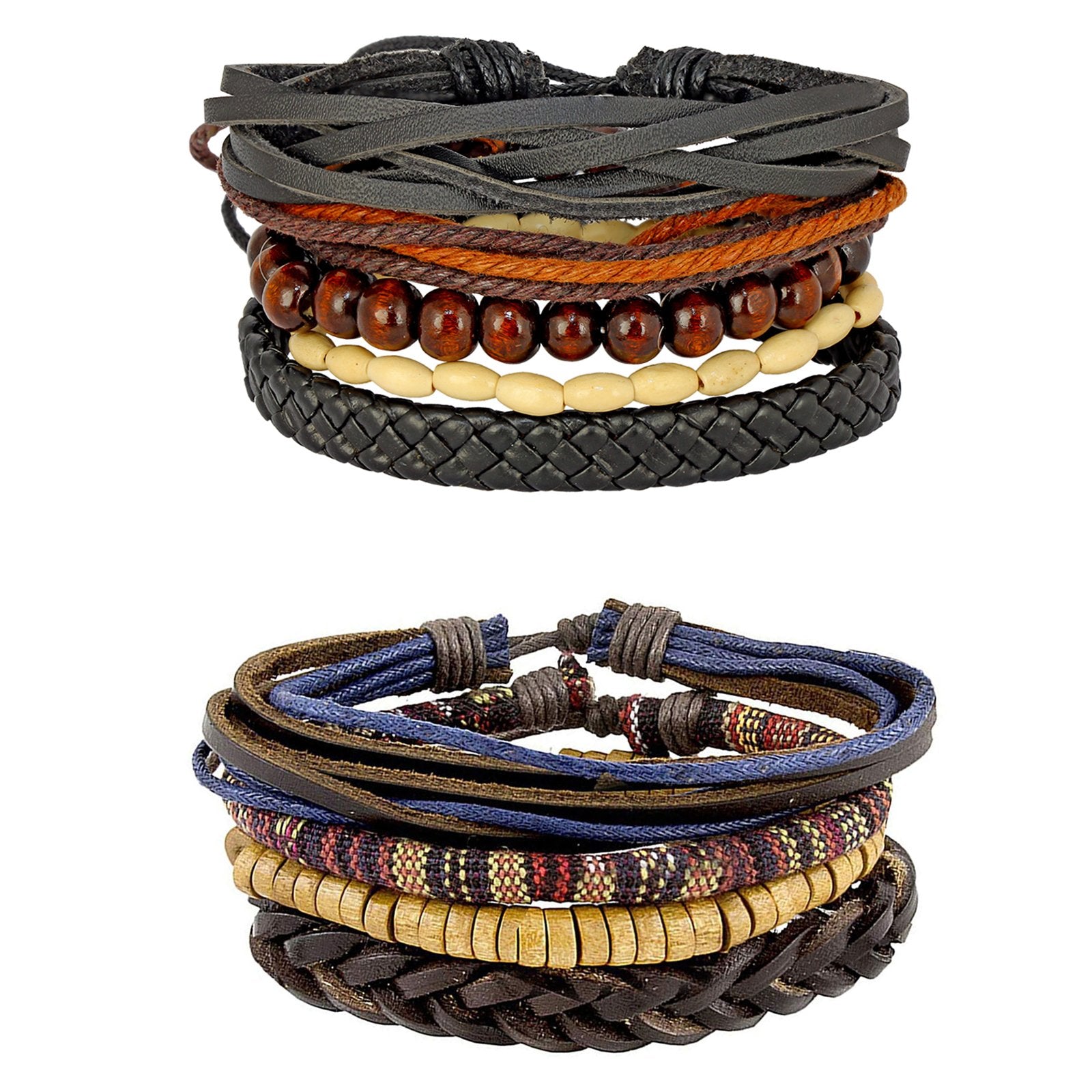 Leather Coconut Vintage Biker Multistrand Wrist Band Bracelet Combo