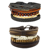 Leather Coconut Biker Brown Beads Strand Wrist Band Bracelet Combo