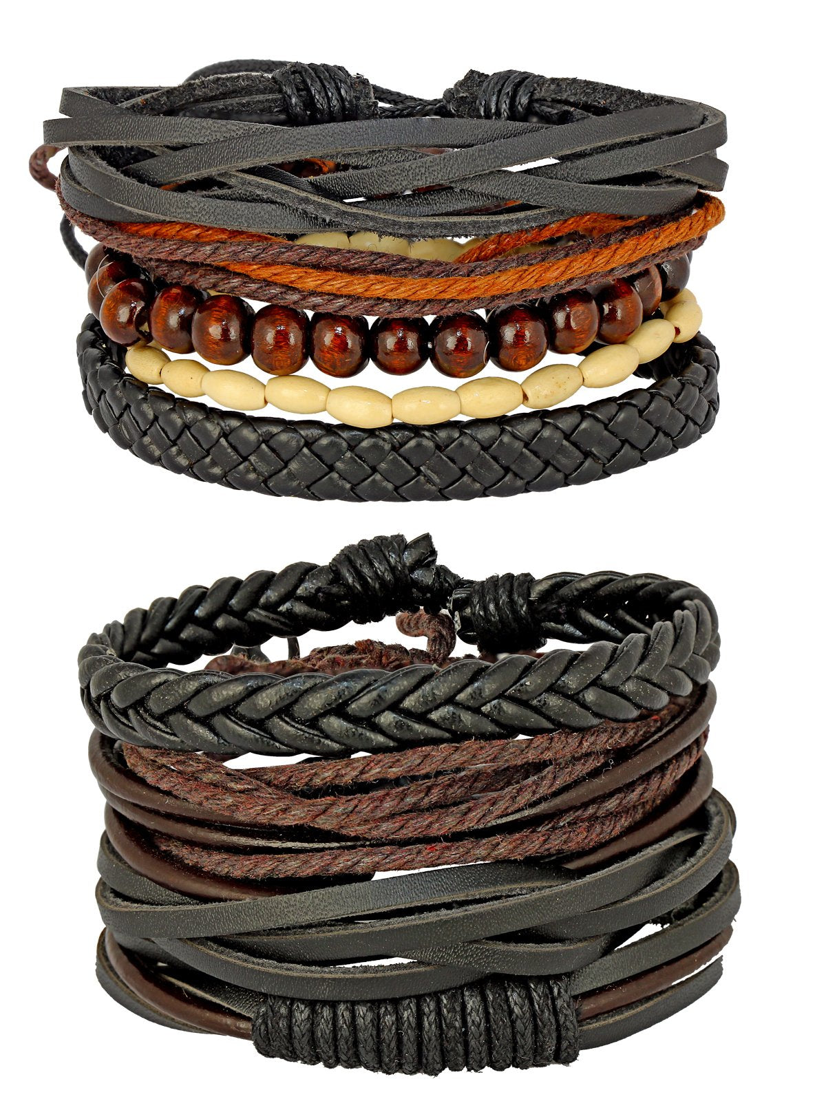 Black Leather Coconut Beads Wrist Band Strand Combo Bracelet