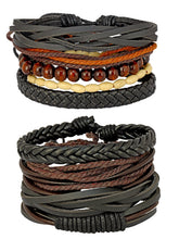 Black Leather Coconut Beads Wrist Band Strand Combo Bracelet