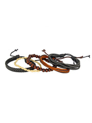 Black Leather Coconut Beads Casual Wrist Band Strand Combo Bracelet