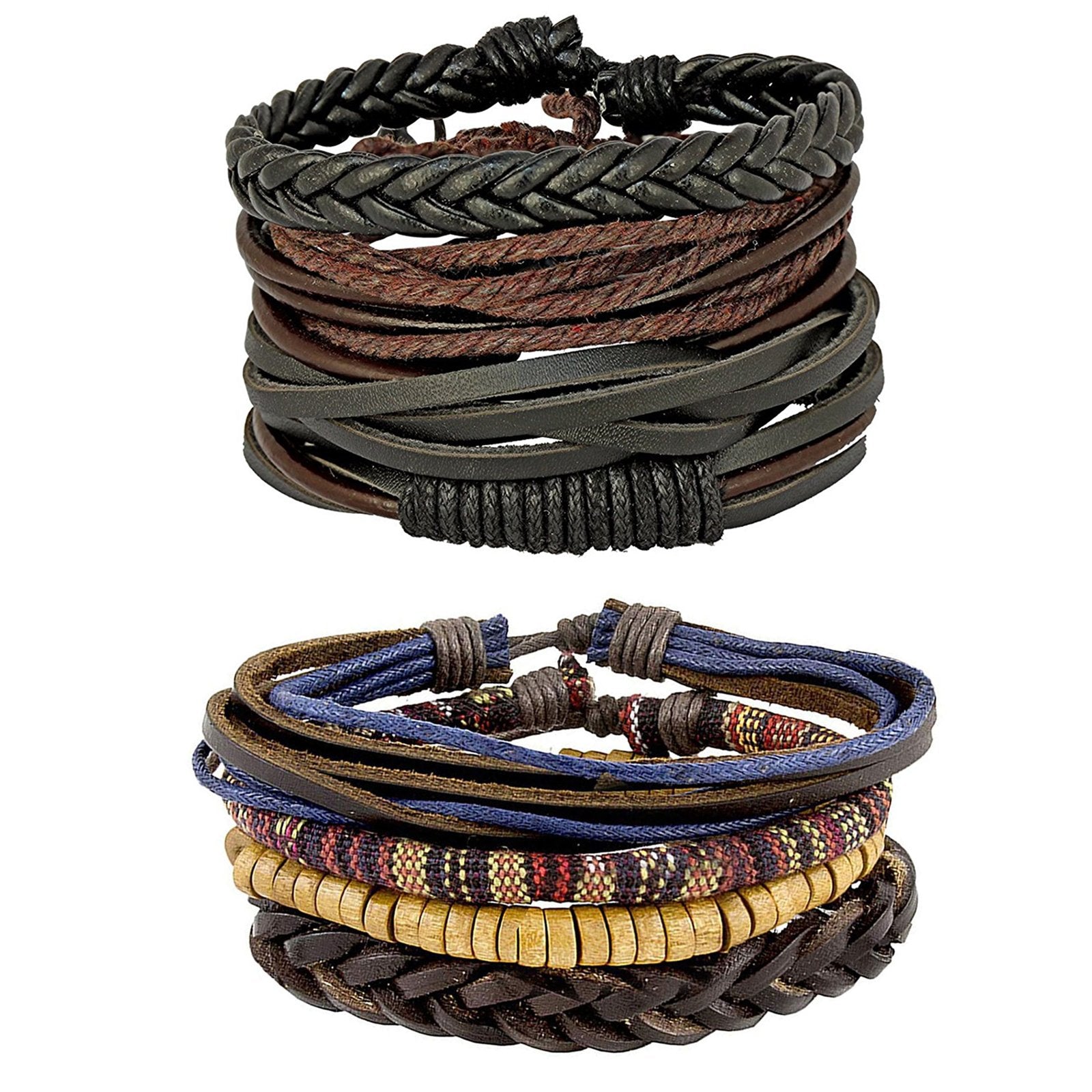 Leather Brown Vintage Biker Multistrand Wrist Band Bracelet Combo