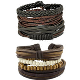 Leather Brown Biker Beads Strap Multistrand Wrist Band Bracelet Combo