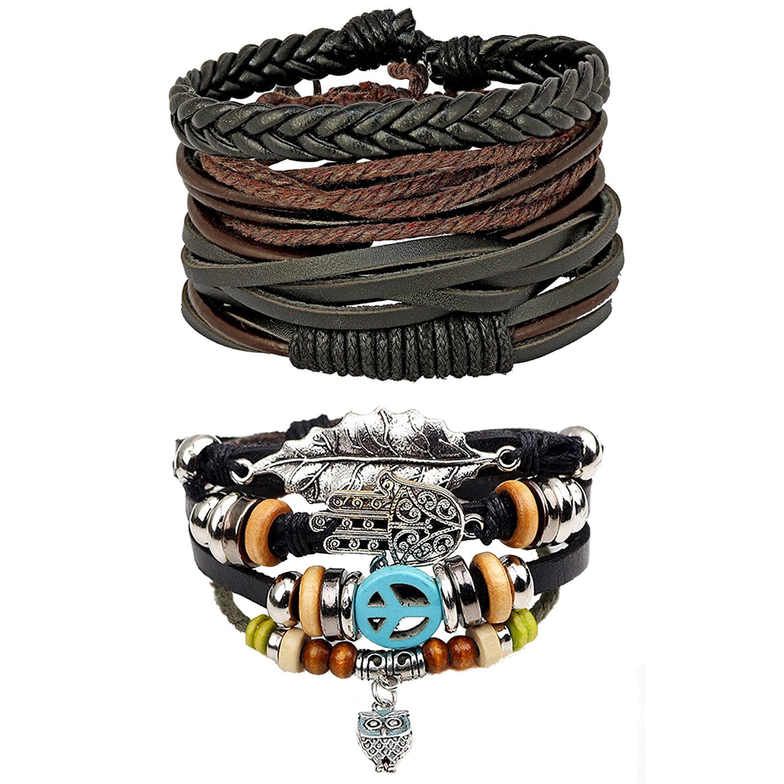 Leather Brown Hamsa Peace Owl Charm Strand Wrist Band Bracelet Combo
