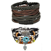 Leather Brown Hamsa Peace Owl Charm Strand Wrist Band Bracelet Combo