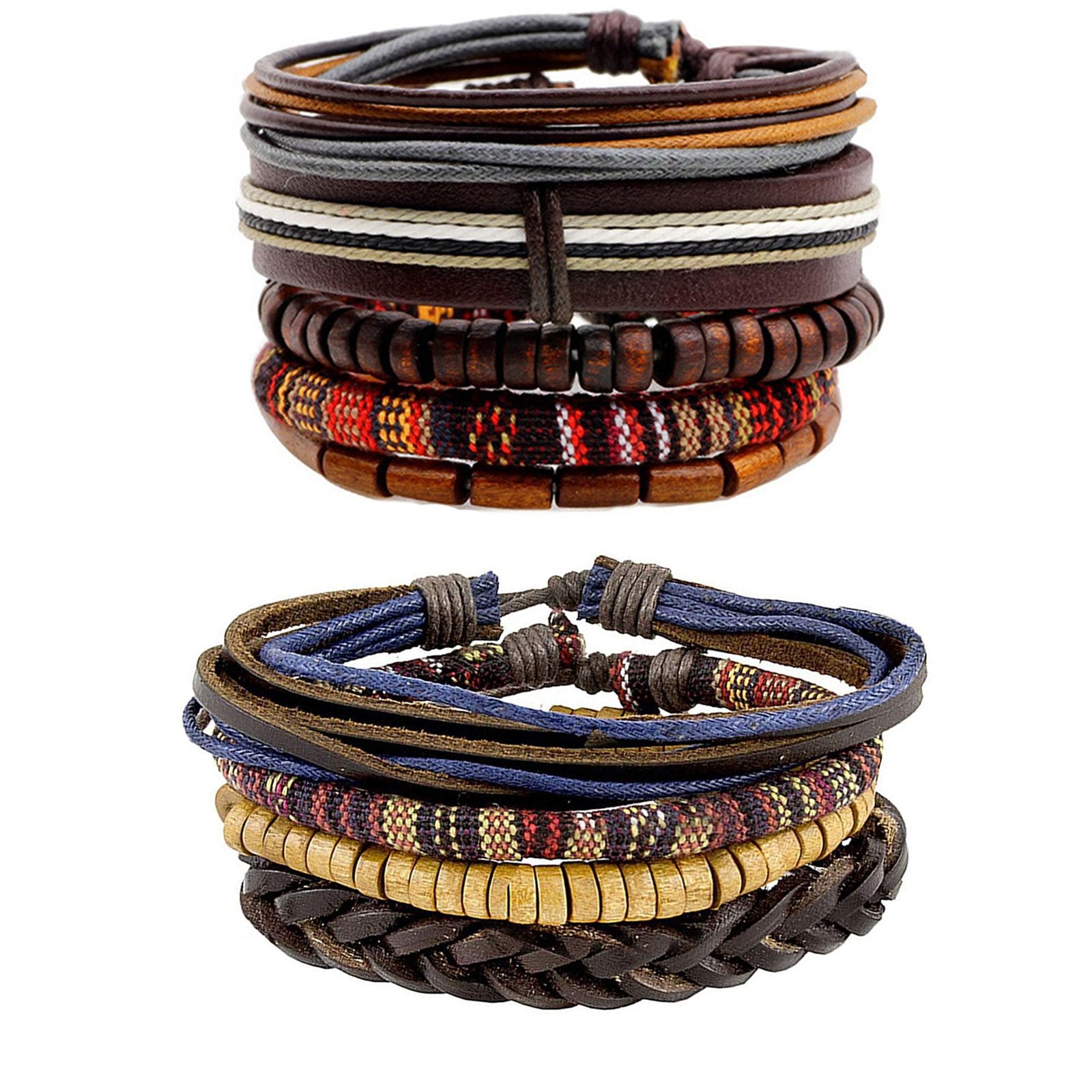 Leather Brown Coconut Biker Multistrand Wrist Band Bracelet Combo