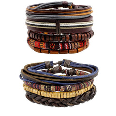 Leather Brown Coconut Biker Multistrand Wrist Band Bracelet Combo