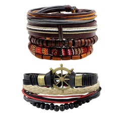 Leather Brown Coconut Thread Multistrand Wrist Band Bracelet Combo