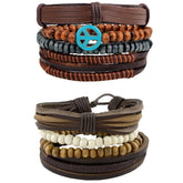Leather Peace Brown Biker Beads Strap Strand Wrist Band Bracelet Combo