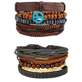 Leather Peace Brown Coconut Multistrand Wrist Band Bracelet Combo