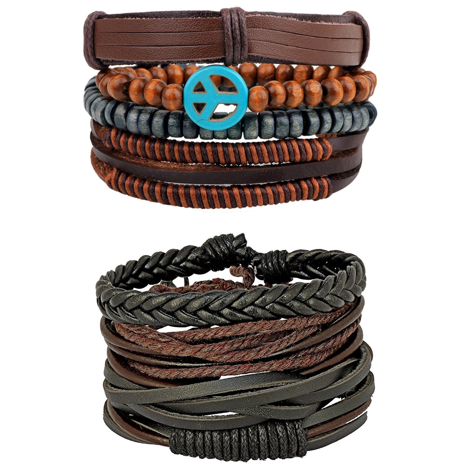 Leather Peace Brown Multistrand Wrist Band Bracelet Combo