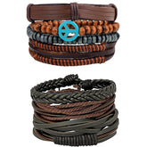Leather Peace Brown Multistrand Wrist Band Bracelet Combo