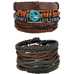 Leather Peace Brown Multistrand Wrist Band Bracelet Combo