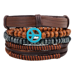 Peace Handcrafted Brown Leather Wrist Band Multi Strand Bracelet Men