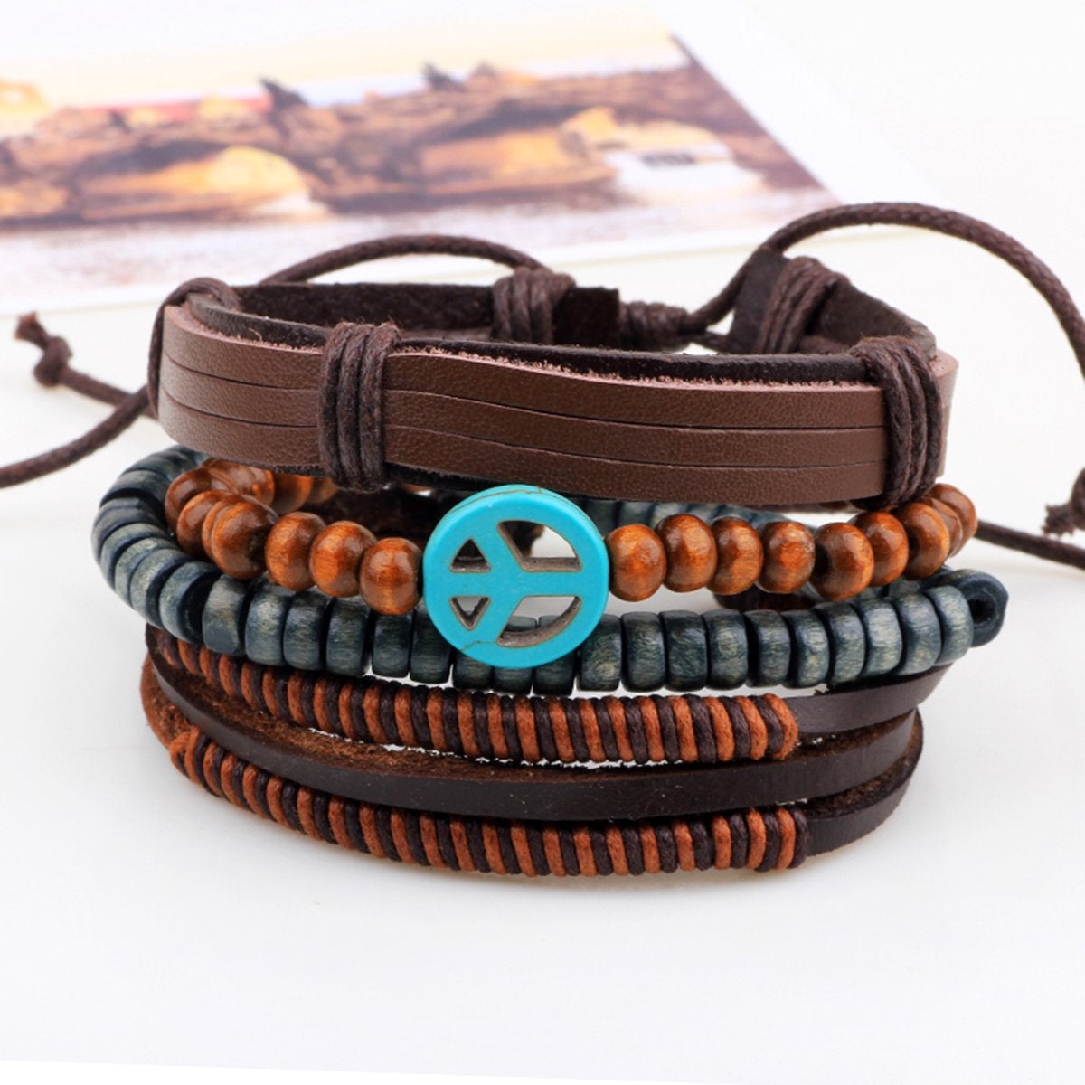 Peace Handcrafted Brown Leather Wrist Band Multi Strand Bracelet Men