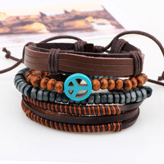 Peace Handcrafted Brown Leather Wrist Band Multi Strand Bracelet Men
