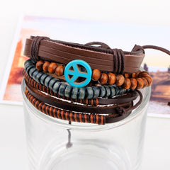 Peace Handcrafted Brown Leather Wrist Band Multi Strand Bracelet Men