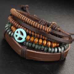 Peace Handcrafted Brown Leather Wrist Band Multi Strand Bracelet Men