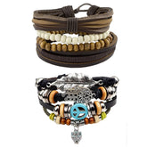 Leather Hamsa Peace Charm Biker Beads Strand Wrist Band Bracelet Combo