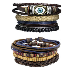 Leather Eyes Layer Made Charm Biker Strand Wrist Band Bracelet Combo