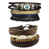 Leather Eyes Layer Charm Biker Beads Strand Wrist Band Bracelet Combo