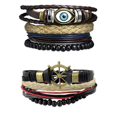 Leather Eyes Layer Made Charm Thread Strand Wrist Band Bracelet Combo