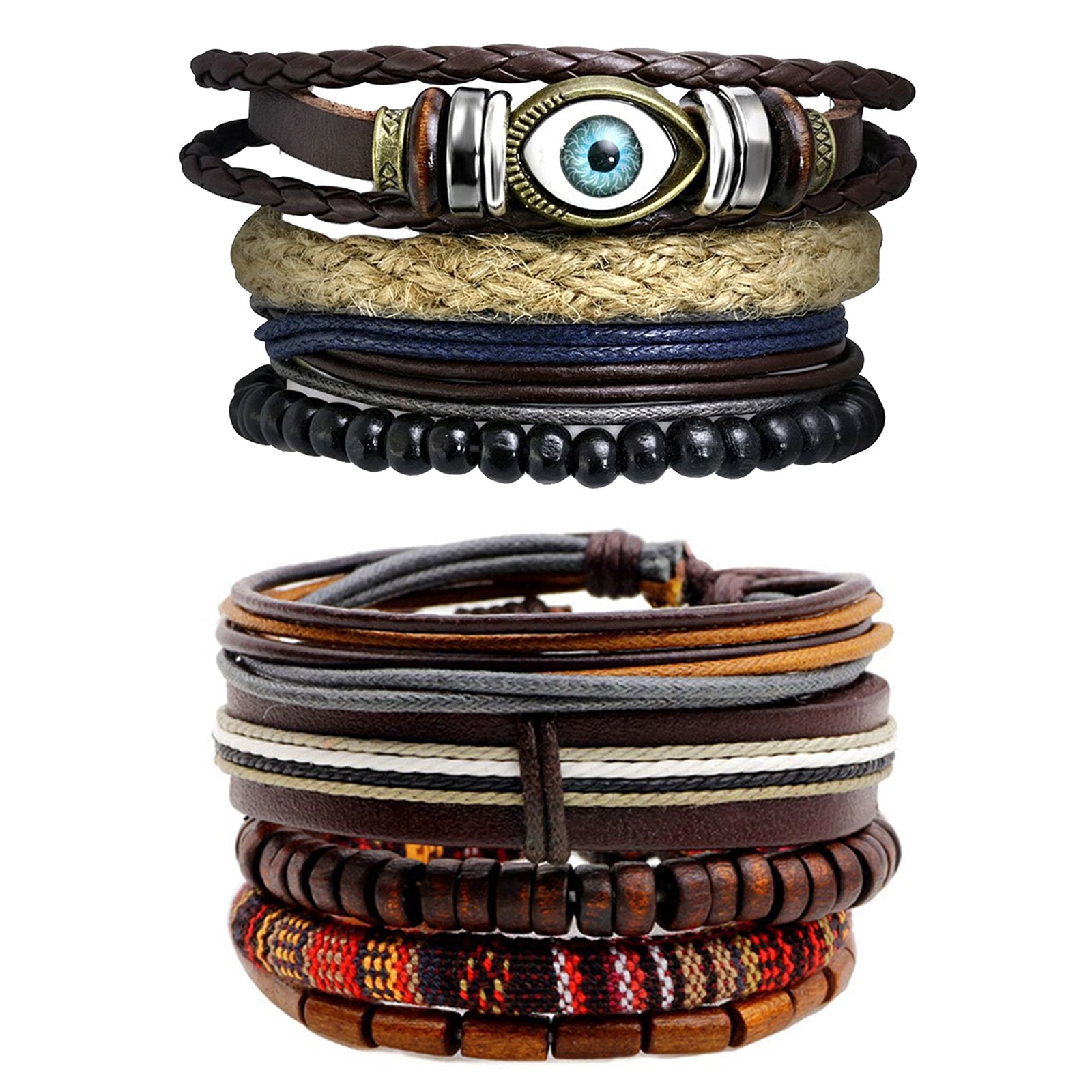 Leather Eyes Layer Charm Coconut Strand Wrist Band Bracelet Combo