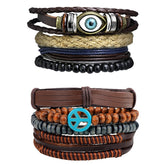 Leather Eyes Layer Charm Peace Brown Strand Wrist Band Bracelet Combo