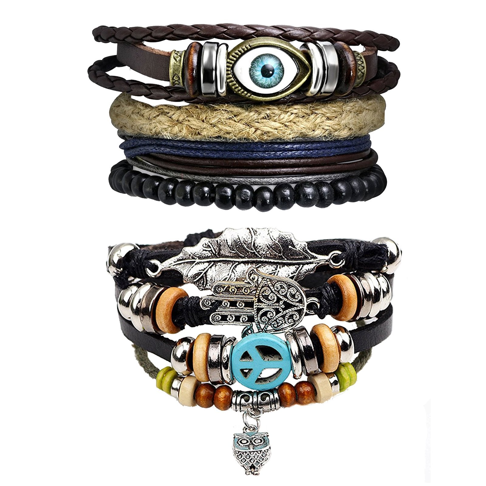 Leather Eyes Layer Charm Hamsa Peace Strand Wrist Band Bracelet Combo