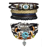 Leather Eyes Layer Charm Hamsa Peace Strand Wrist Band Bracelet Combo