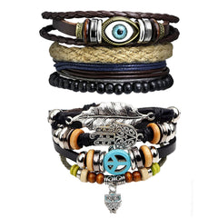 Leather Eyes Layer Charm Hamsa Peace Strand Wrist Band Bracelet Combo