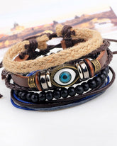 Eyes Layer Black Leather Charm Wrist Band Multi Strand Bracelet