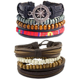 Leather Made Wood Biker Brown Beads Strand Wrist Band Bracelet Combo