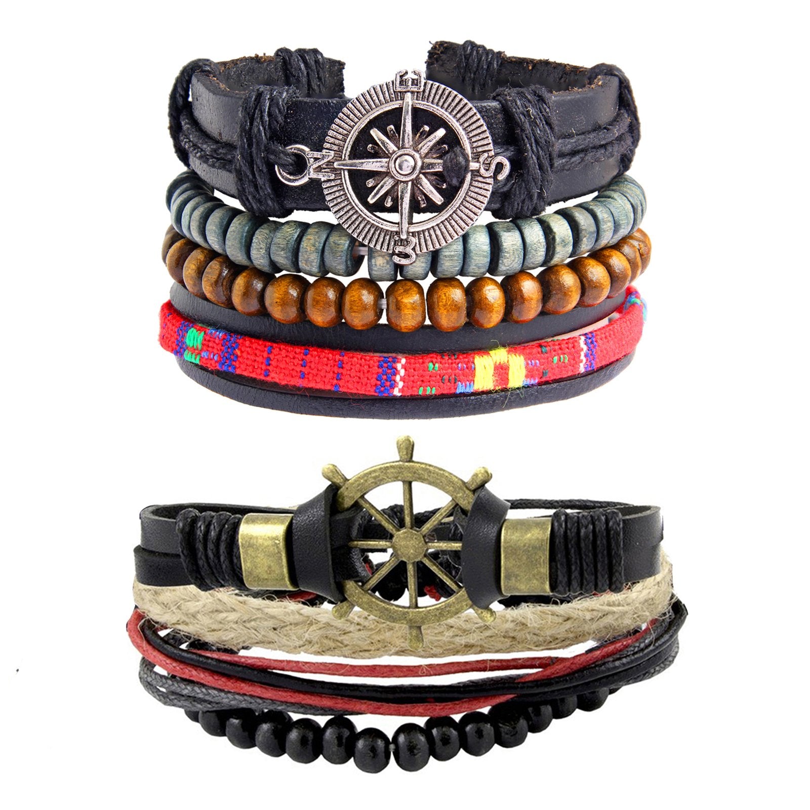 Leather Handmade Wood Thread Multistrand Wrist Band Bracelet Combo