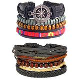 Leather Handmade Wood Coconut Multistrand Wrist Band Bracelet Combo