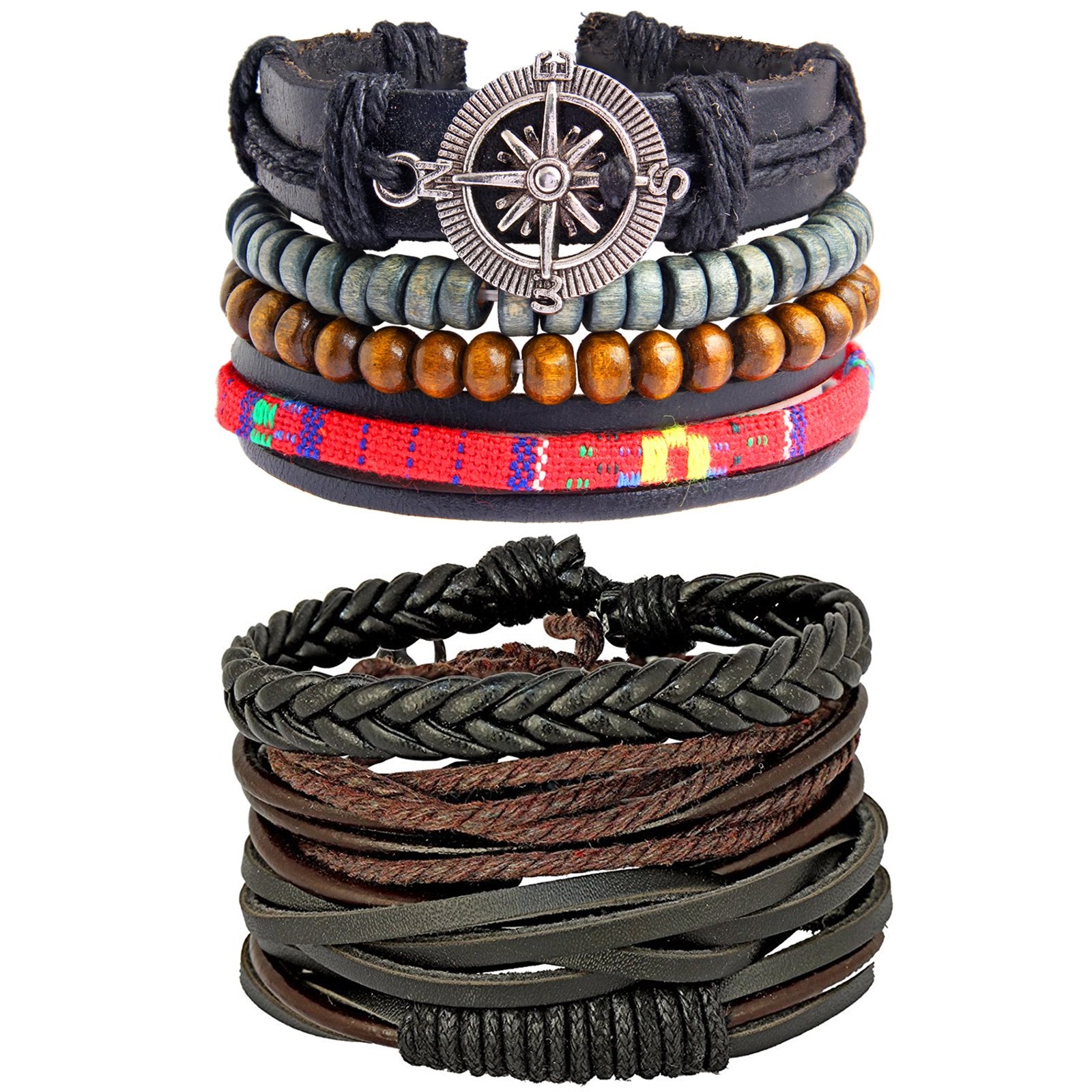 Leather Handmade Wood Brown Multistrand Wrist Band Bracelet Combo