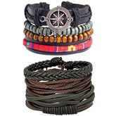 Leather Handmade Wood Brown Multistrand Wrist Band Bracelet Combo