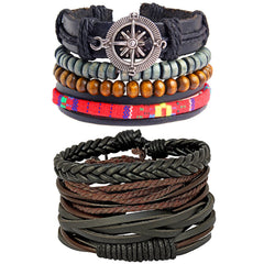 Leather Handmade Wood Brown Multistrand Wrist Band Bracelet Combo