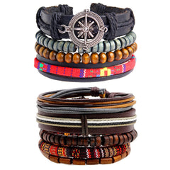 Leather Handmade Wood Brown Coconut Strand Wrist Band Bracelet Combo
