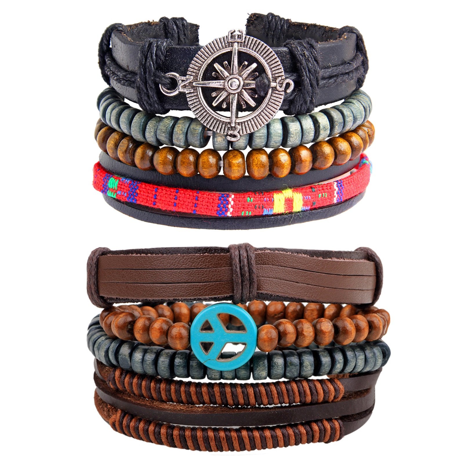 Leather Handmade Wood Peace Brown Strand Wrist Band Bracelet Combo