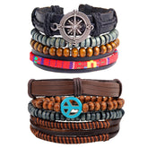 Leather Handmade Wood Peace Brown Strand Wrist Band Bracelet Combo