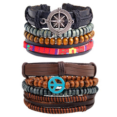 Leather Handmade Wood Peace Brown Strand Wrist Band Bracelet Combo