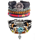 Leather Wood Hamsa Peace Charm Strand Wrist Band Bracelet Combo