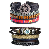 Leather Made Wood Eyes Layer Charm Strand Wrist Band Bracelet Combo