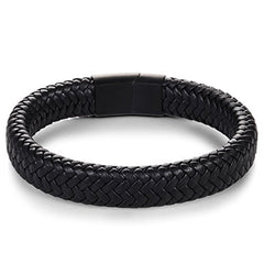 Rope Crafted Braided Black Leather Magnetic Clasp Wrist Band Personalized Engraved Bracelet