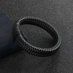 Rope Crafted Braided Black Leather Magnetic Clasp Wrist Band Personalized Engraved Bracelet