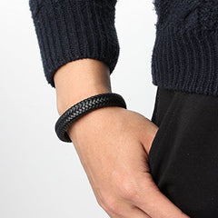 Rope Crafted Braided Black Leather Magnetic Clasp Wrist Band Personalized Engraved Bracelet