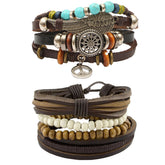 Leather Peace Charm Biker Beads Strand Wrist Band Bracelet Combo
