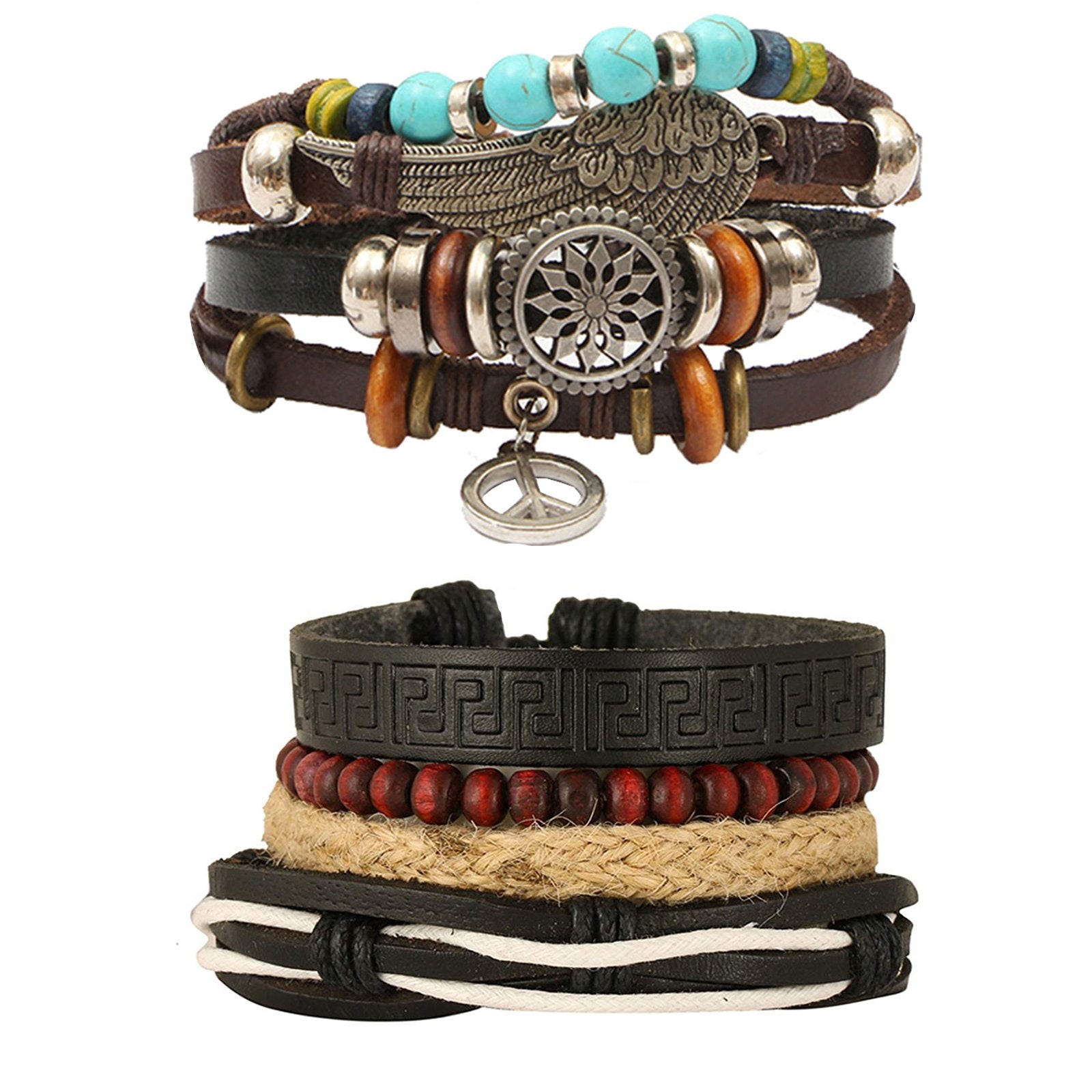 Leather Feather Peace Brown Charm Strand Wrist Band Bracelet Combo